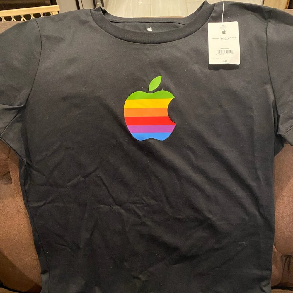 Apple Rainbow Logo Short Sleeve Black Wmn sz small NWT